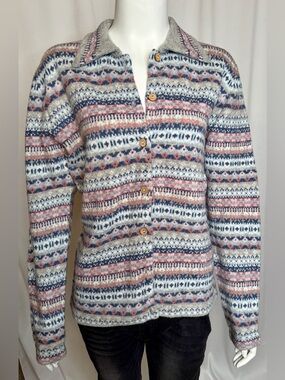 Fair Isle Button-Front Cardigan Sweater - Blue, Pink, Cream. 100% Lambs Wool